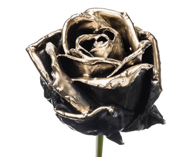 Bouquet de grandes roses de cire à flux noir avec une fard à joues dorée