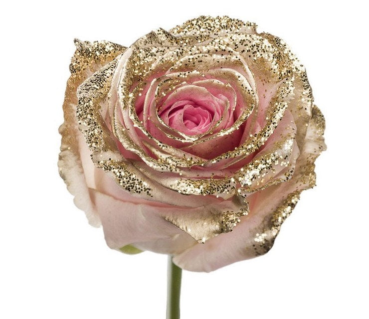 Blumenstrauß von großen rosa Rosen mit goldenem Glitzer