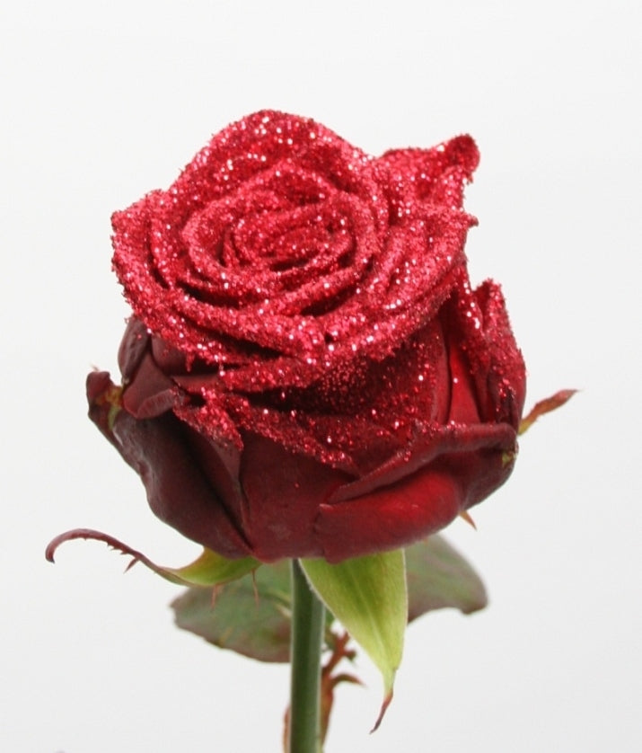 Bouquet de longues roses rouges avec des paillettes rouges