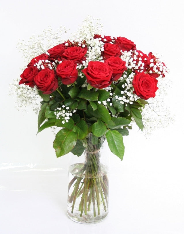 Bouquet de rose rouge de 20 roses rouges avec gypsophile