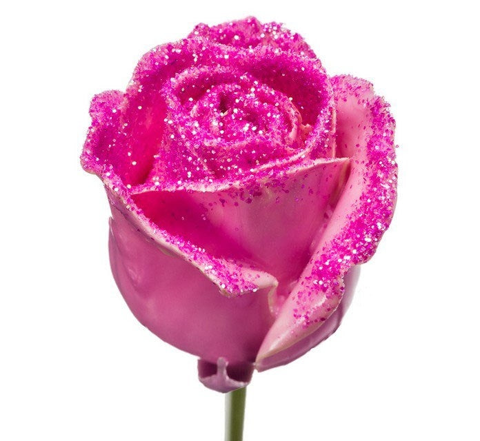 Boeket van grootbloemige wax Rozen roze met roze glitters