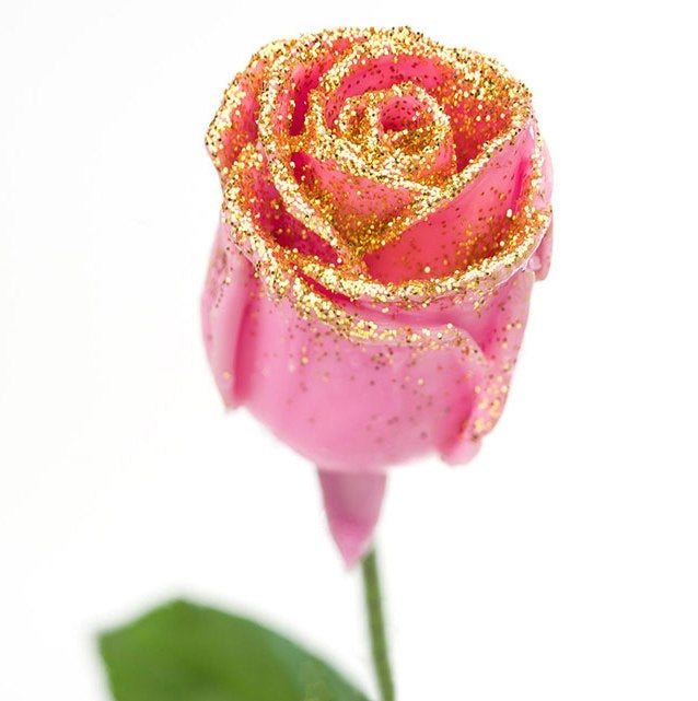 Boeket van grootbloemige wax Rozen roze met gouden glitters