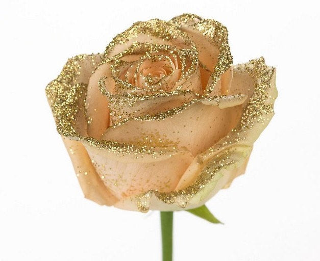 Boeket van grootbloemige peach Rozen met gouden glitters