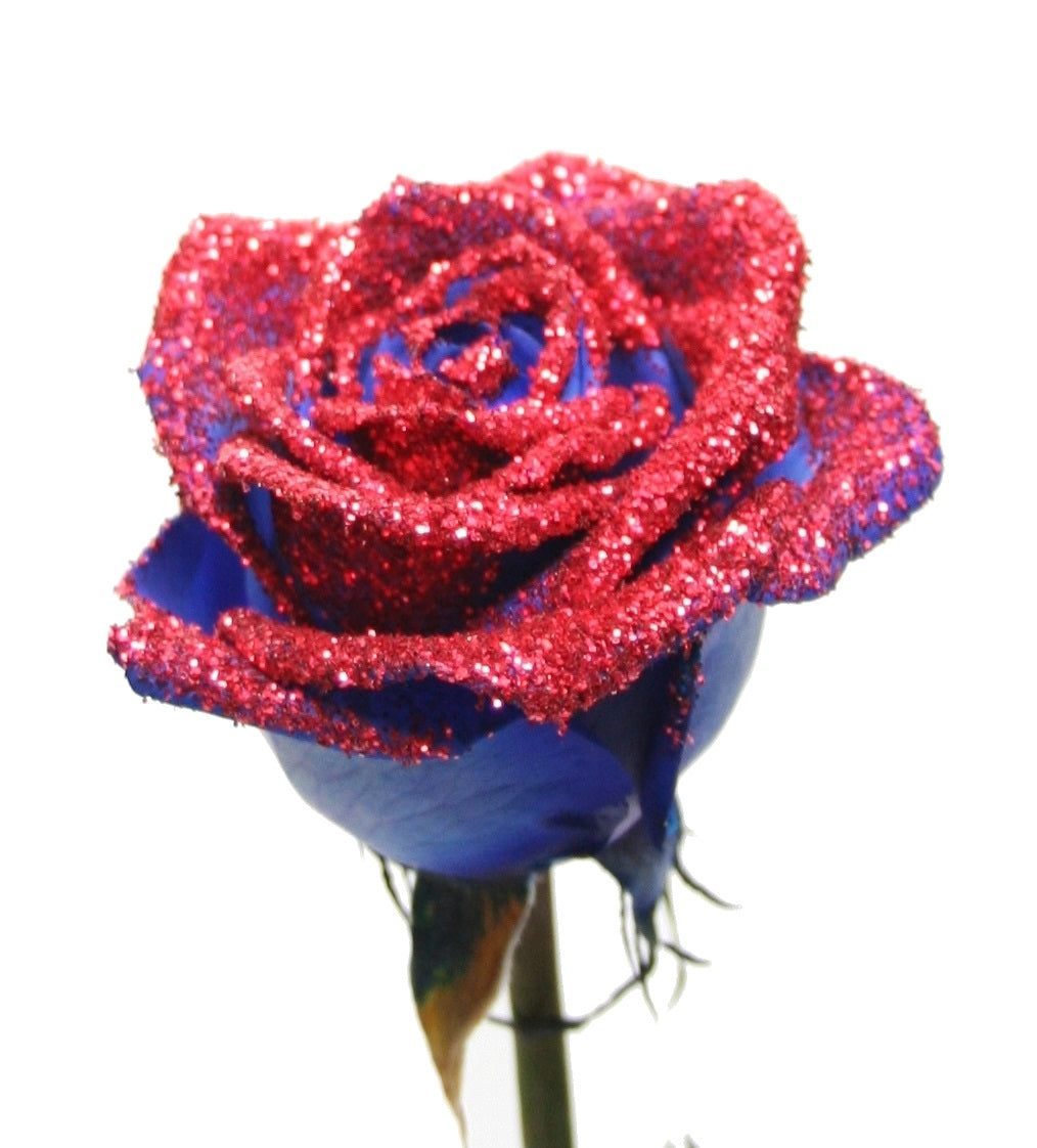 Boeket van blauwe Rozen met rode glitters