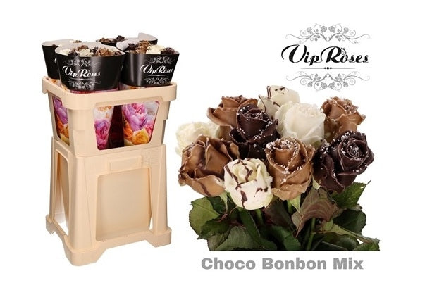 Boeket van 10 grootbloemige wax Rozen Choco Bonbon Mix