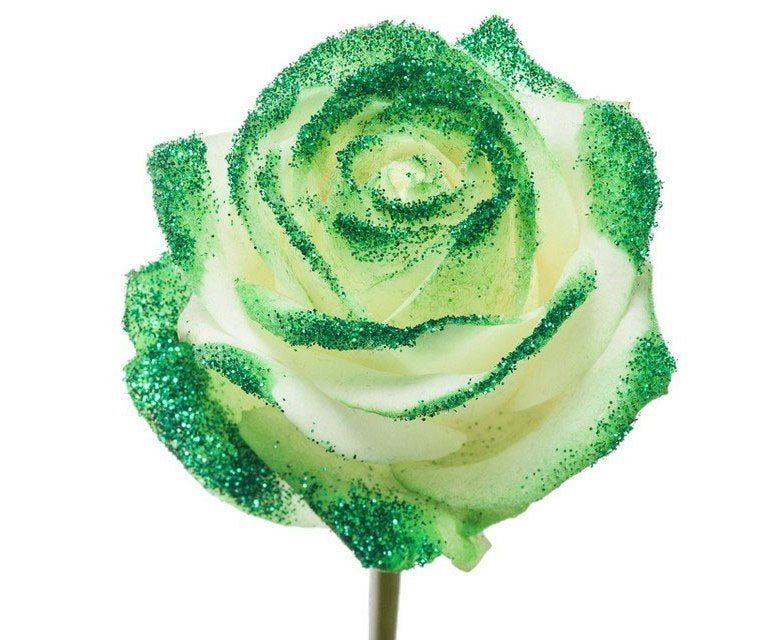 Boeket van lange witte Rozen met groene glitters