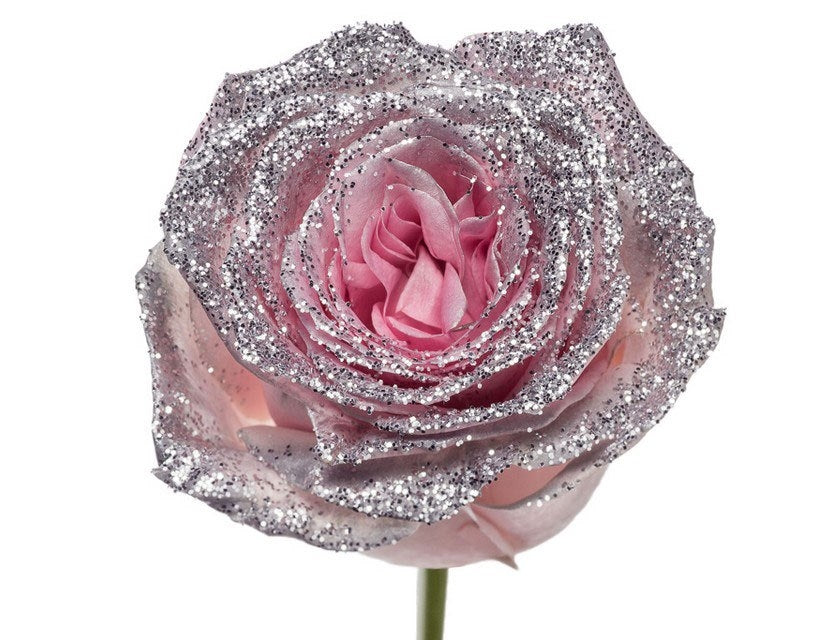 Boeket van lange roze Rozen met zilveren glitters