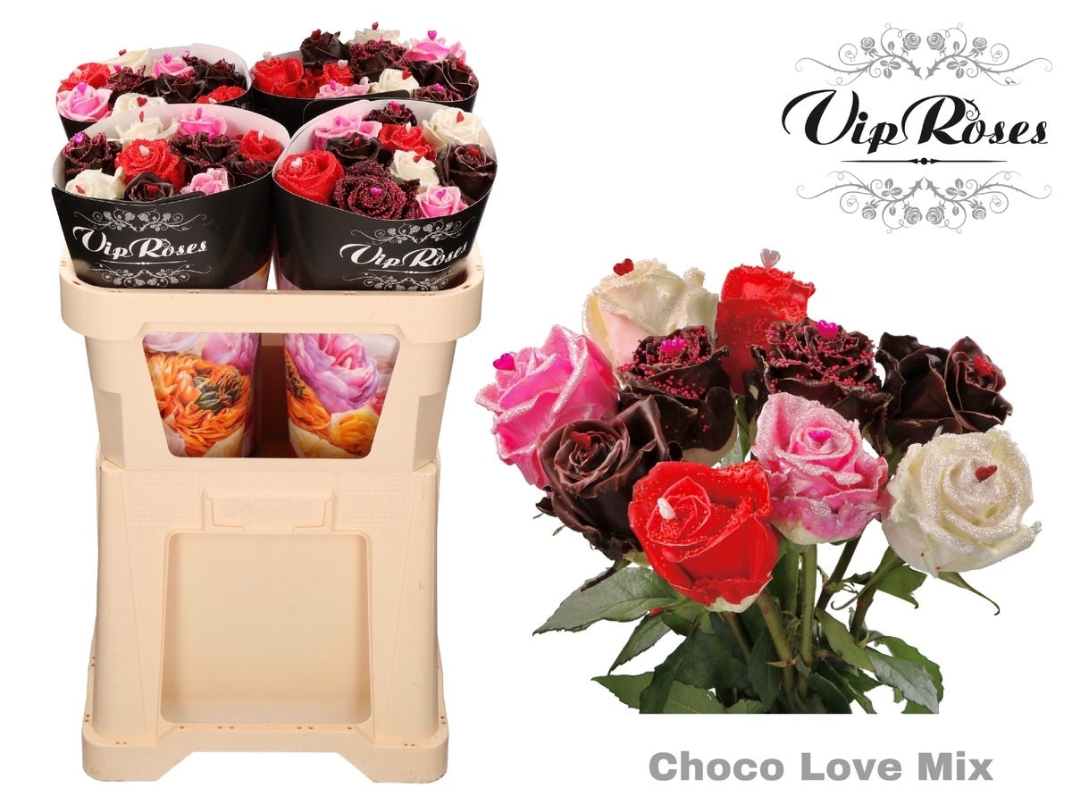 Rozen boeket van 10 grootbloemige wax Rozen Choco Love Mix