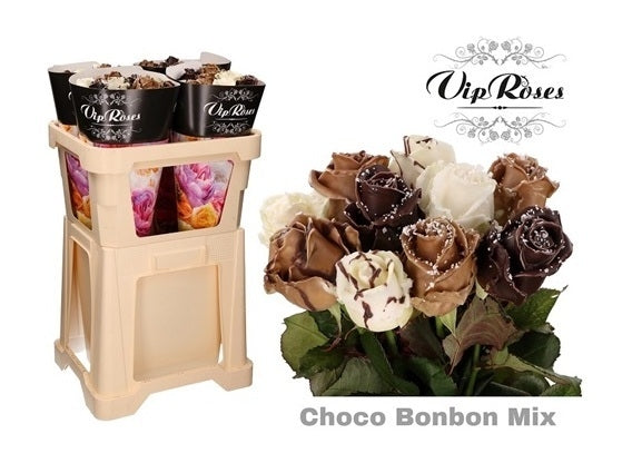 Rozen boeket van 10 grootbloemige wax Rozen Choco Bonbon Mix