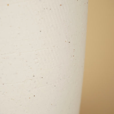 Detail van het matte, crèmekleurige oppervlak van de vaas met kleine donkere spikkels en fijne horizontale lijnen.